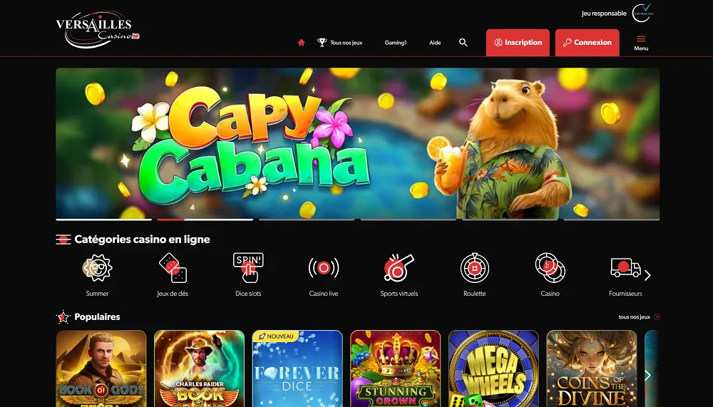 Page d’accueil de Versailles Casino présentant les jeux populaires, catégories en ligne et visuel promotionnel Capy Cabana